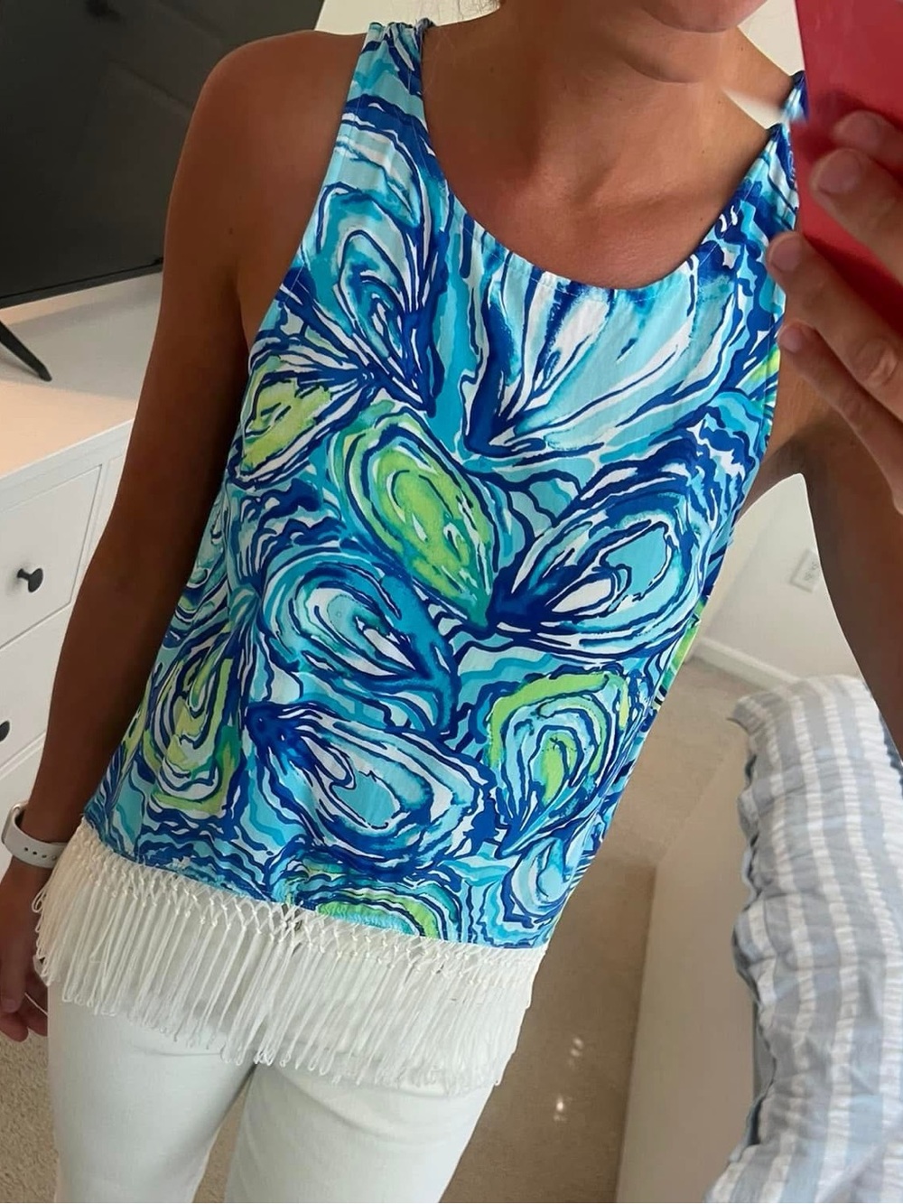Lilly Pulitzer Oh Shucks Sonya Top Cropped Fringe Tank Sparkling BlueGreen Size2